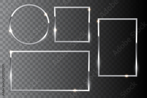 Silver shiny frame set isolated on dark transparent background. Vector design elements.