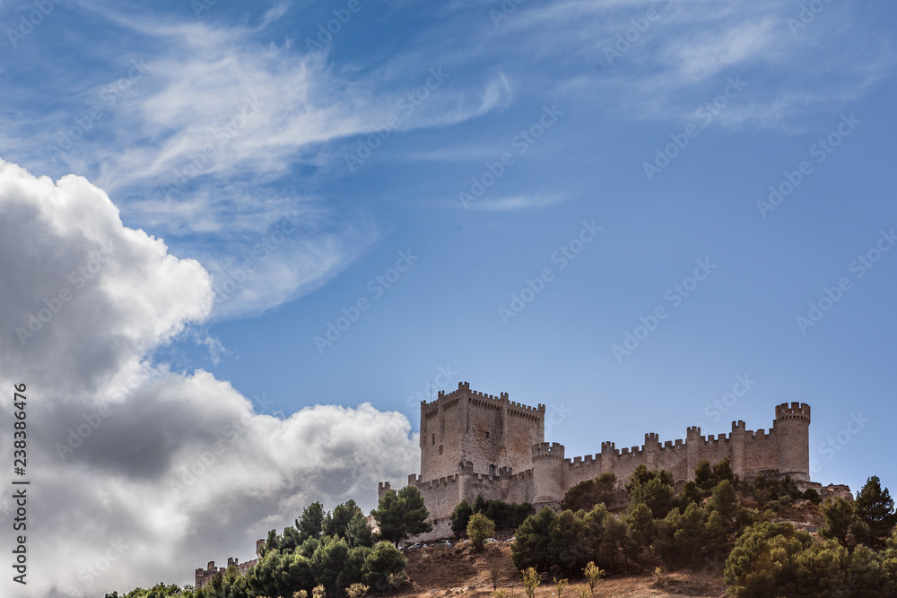 Peñafiel Castle and wall view from city center, Valladolid. Castilla Leon, Spain.