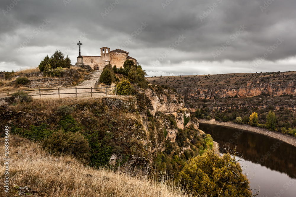 Zoom view of San Frutos hermitage and Duraton Canyon in Segovia. Castilla Leon, Spain