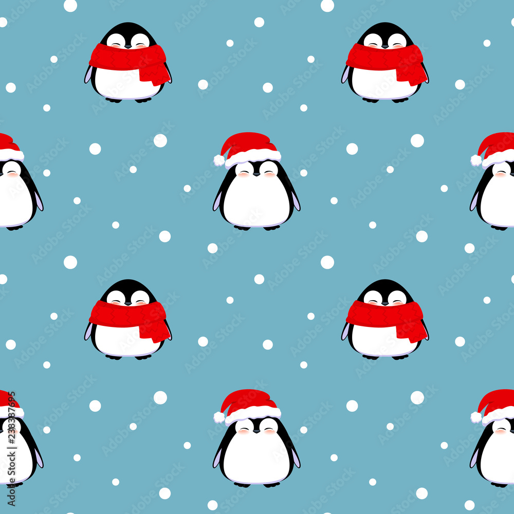 Christmas penguin in red Santa Claus hats and scarfs seamless pattern.