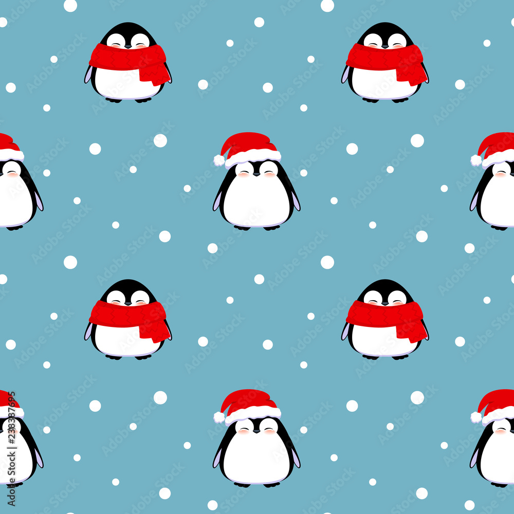 Christmas penguin in red Santa Claus hats and scarfs seamless pattern. Christmas penguin in red Santa Claus hats and scarfs seamless pattern.