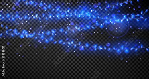 Blue shiny decorative lanterns and garlands of lights for holiday, Christmas and New Year design on transparent background.