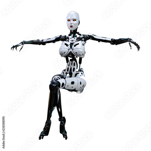 3D Rendering Female Robot on White