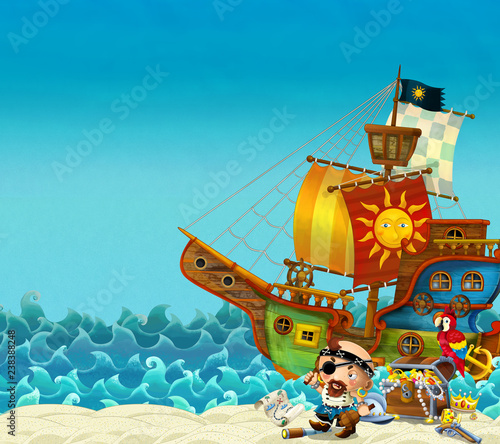 Cartoon scene of beach near the sea or ocean - pirate captain on the shore and treasure chest - pirate ship - illustration for children © honeyflavour