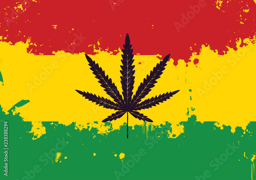 Vector banner for legalize marijuana with hemp leaf on abstract background of Rastafarian flag in grunge style. Natural product made from organic hemp. Smoking weed. Rasta flag