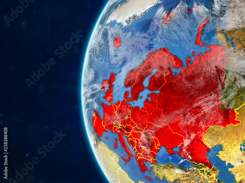 Europe from space on model of planet Earth with country borders and very detailed planet surface and clouds.