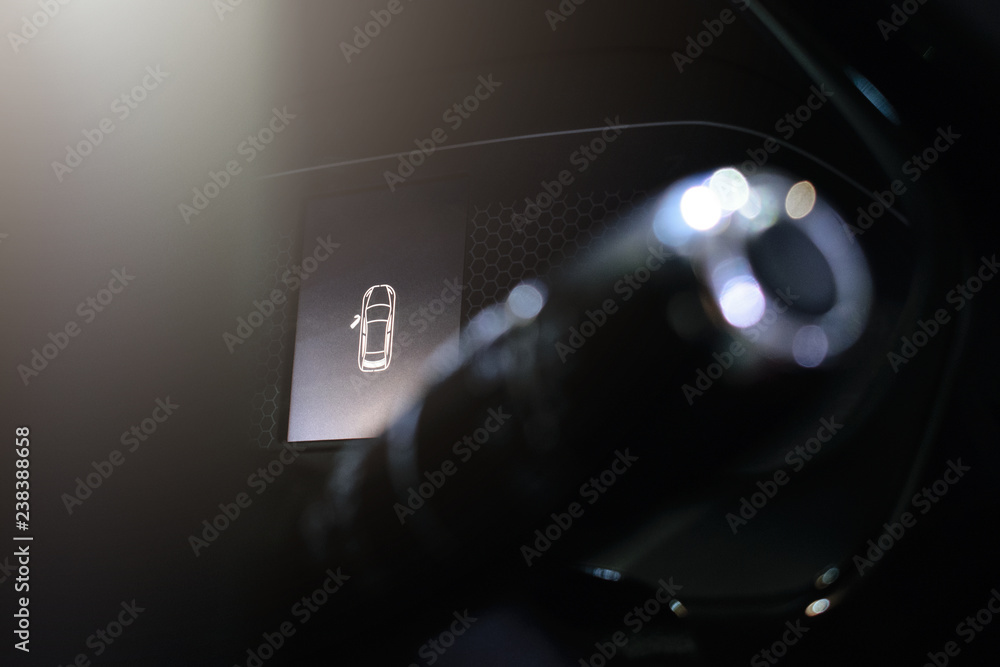 Door Open Warning Light On Car Dashboard Close Up Shot Open Doors Car Warning Signs Monitor System Close And Open Door Notification Car Dashboard Against The Steering Wheel Background Stock Photo