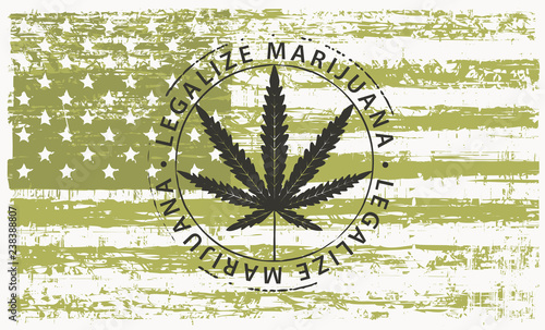 Vector banner for legalize marijuana with hemp leaf on abstract background of american flag in grunge style. Natural product made from organic hemp. Smoking weed. Medical cannabis logo