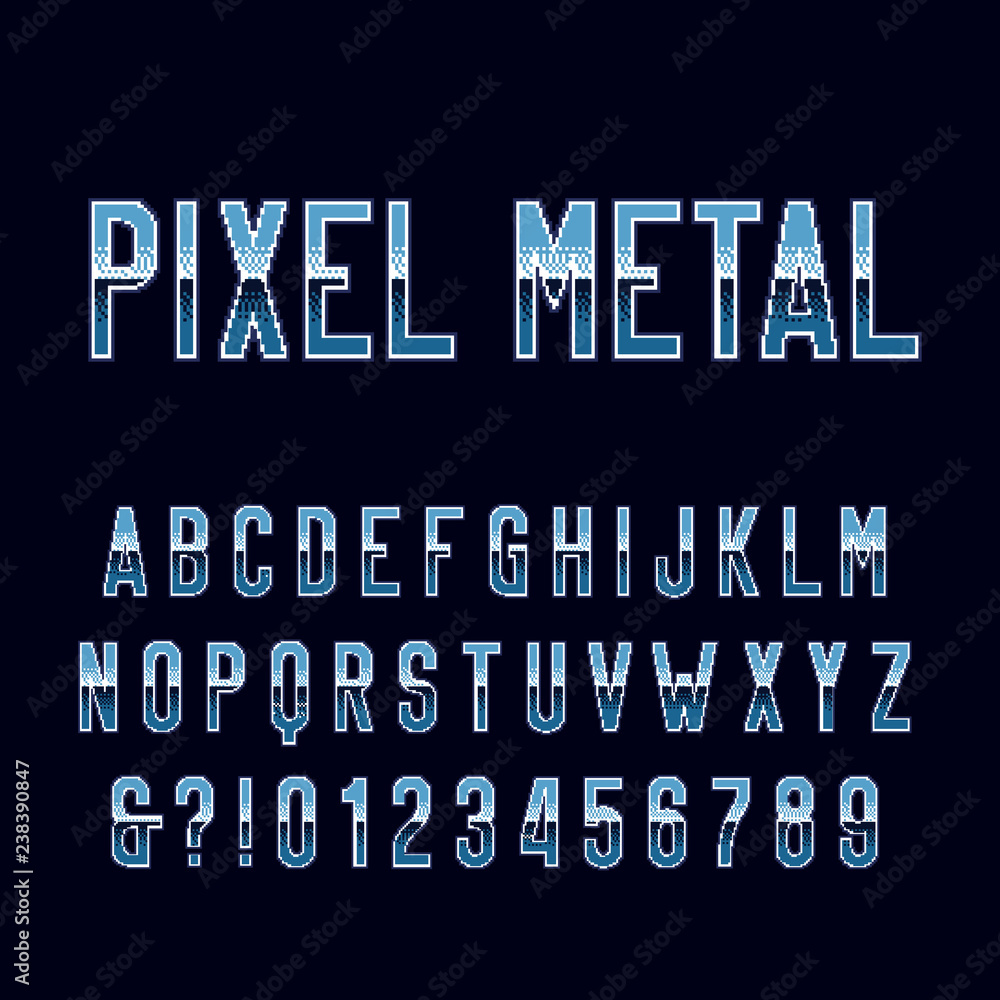 Retro arcade game alphabet font. Pixel metal gradient letters and numbers. 80s video game typography.