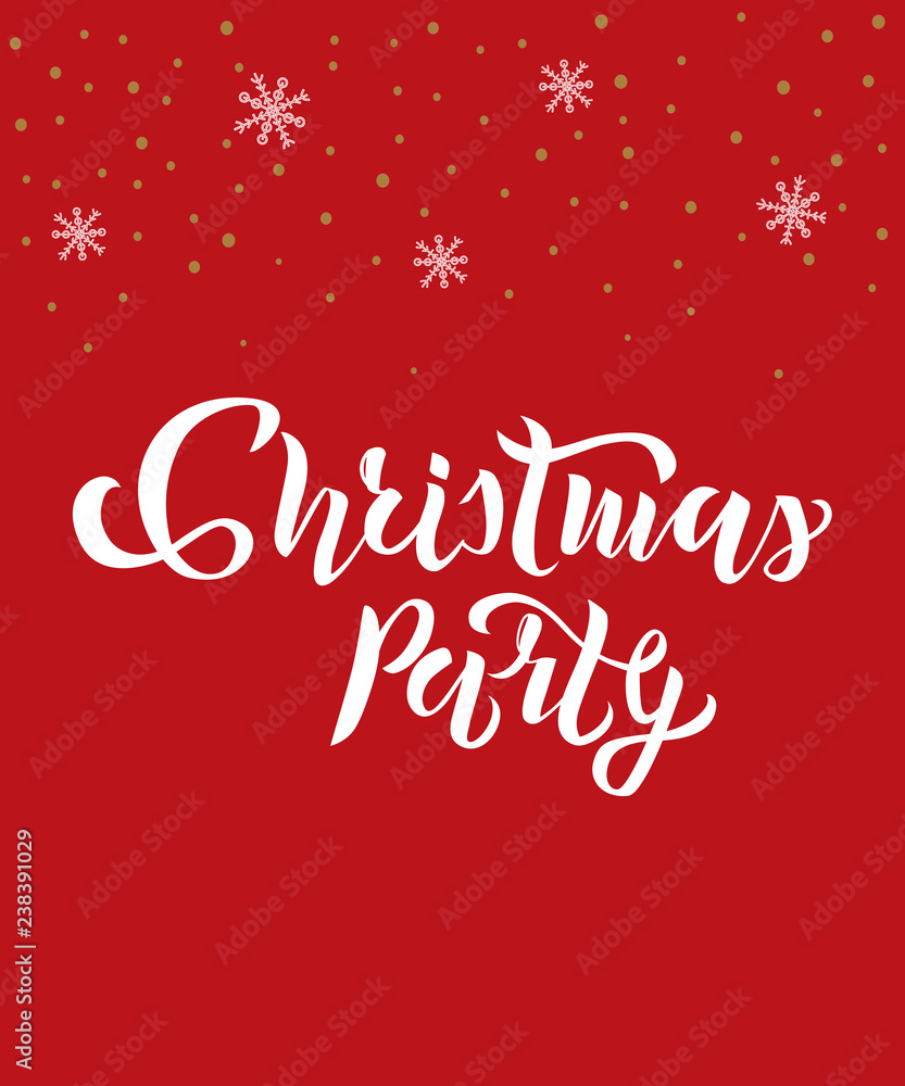 Christmas party text with snowflakes on background. Calligraphy, lettering design. Typography for greeting cards, posters, banners. Vector illustration