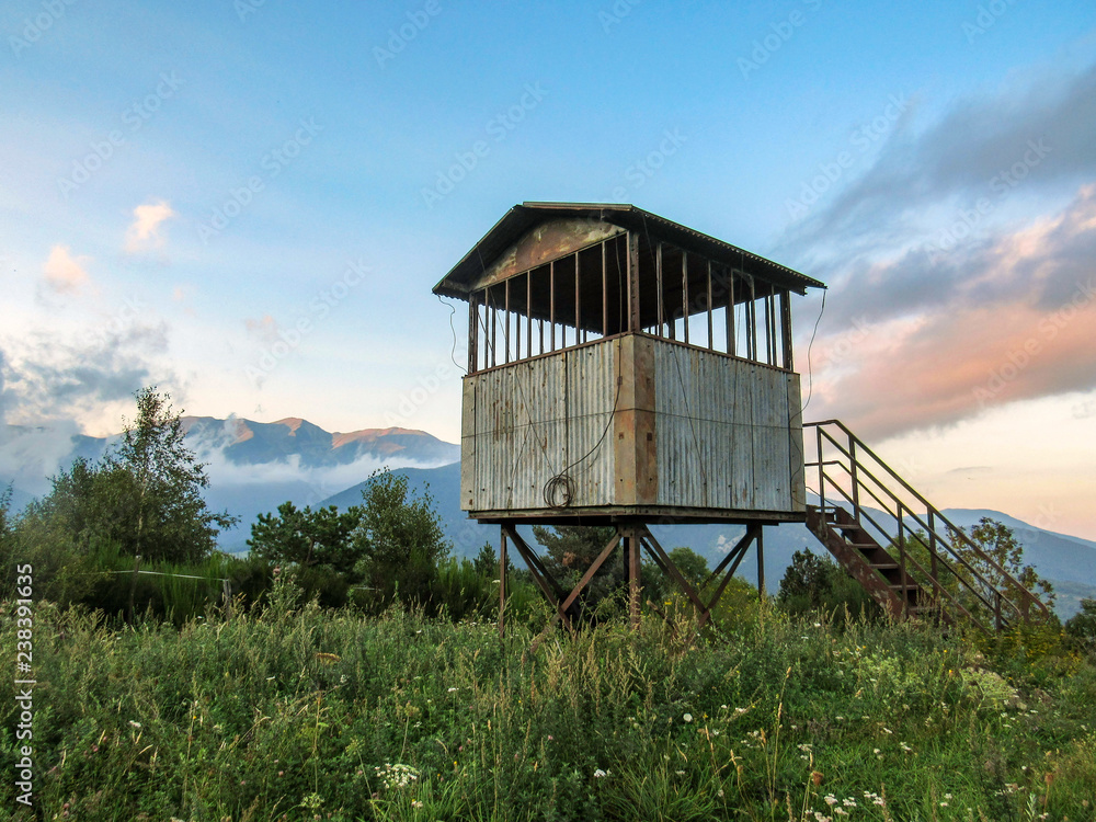 Hunting shelter during the sunset, Pyrenees, Canigou massif, France