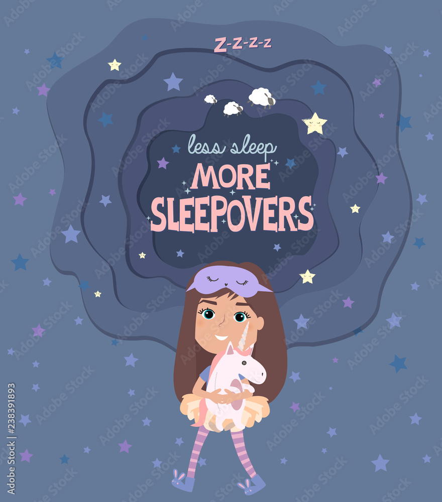 Fototapeta premium Pajama party poster with fun girls and paper cut sky. Invitation for slumber party. Editable vector illustration