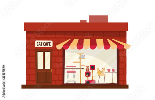 Fototapeta Naklejka Na Ścianę i Meble -  One-story Building cat cafe outside. House with large storefront with striped awning. Cats with accessories behind the glass. facade front view flat cartoon vector isolated on white background.