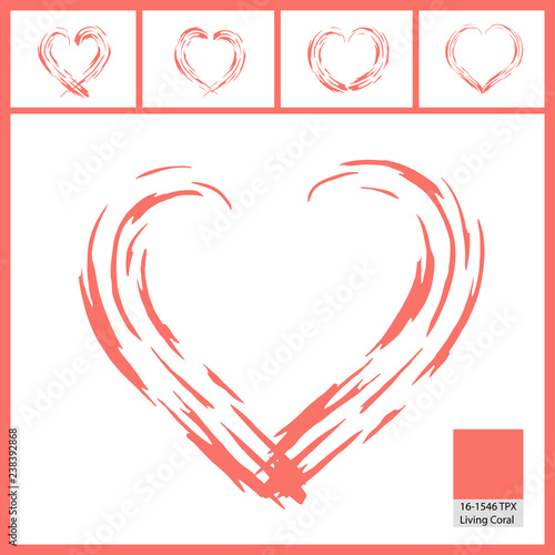 Abstract paint brush pattern of heart in collection of five in Living Coral color.