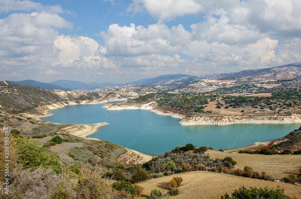Beautiful top view from main viewpoint at Armonou dam water reservoir in Paphos forest