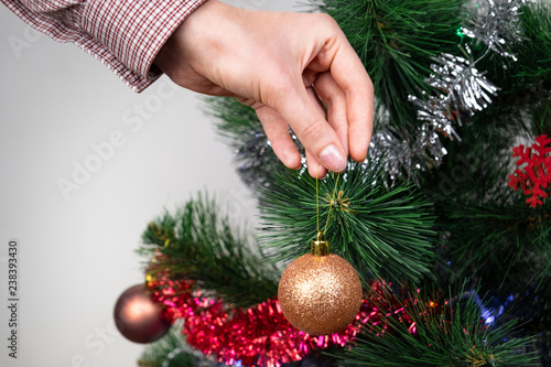Decorating Christmas tree with gold ball. Female hand holds golden decoration next to pine tree indoors