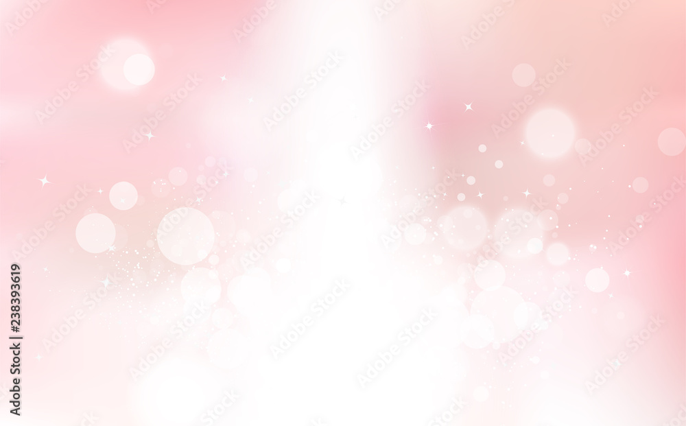 Pink Bokeh, stars light beam celebration holiday, confetti dust explosion, glowing blur sparkle season abstract background vector illustration