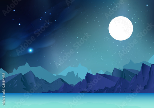 Fantasy mountains abstract background vector illustration with planet and galaxy space, stars scatter on milky way, landscape of arctic concept