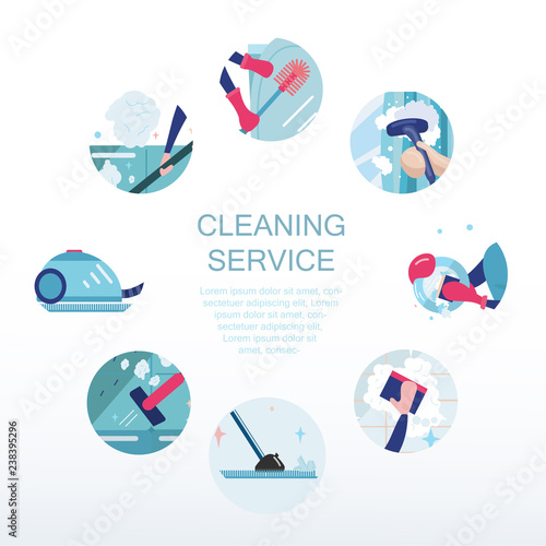 Vector illustration template for cleaning services. Poster with composition of different icons for cleaning service. Design concept in a trandy flat style.