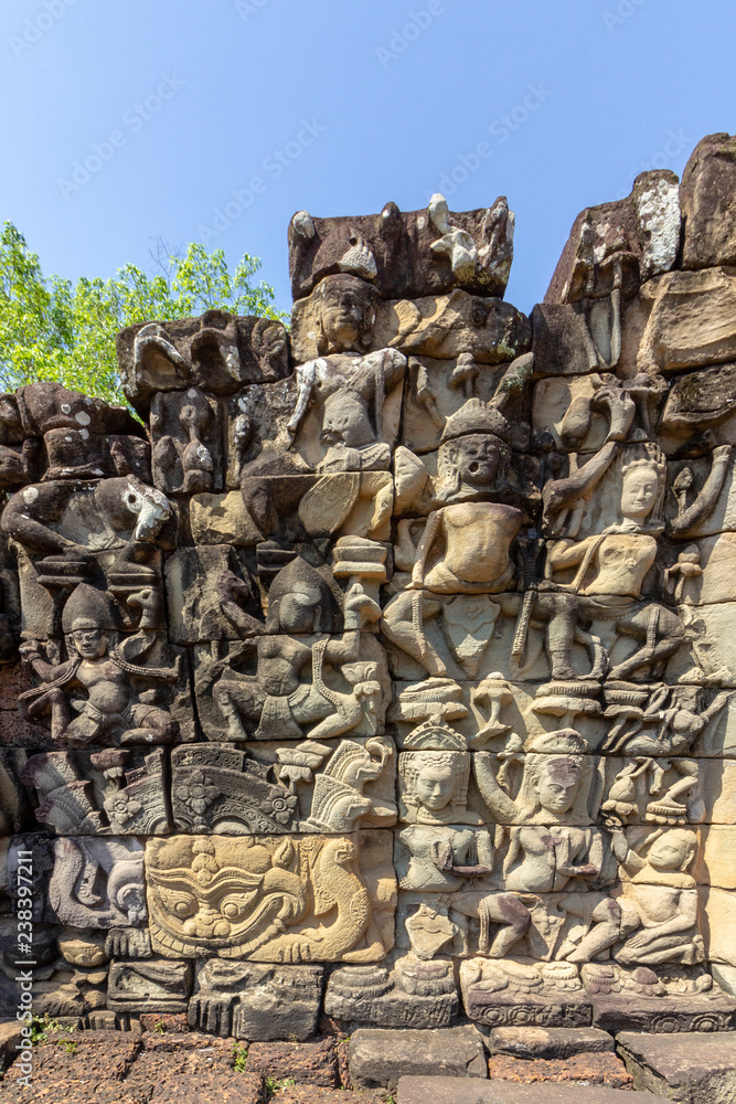 Terrace of the Elephants detail, in Angkor Thom, the last and most enduring capital city of the Khmer empire, UNESCO heritage site, Angkor Historical Park. Siem Reap, Cambodia.