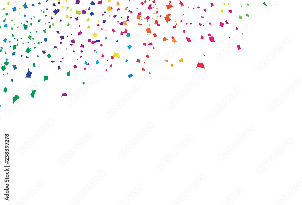 Confetti, paper falling scatter bright colorful spectrum rainbow, festival celebration party event abstract background vector illustration