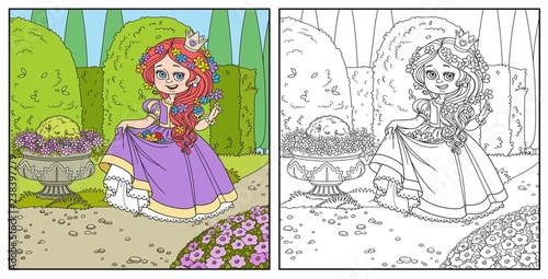 Beautiful princess with flowers in hair and the hem of the dress in palace park with topiary and flowers color and outlined for coloring