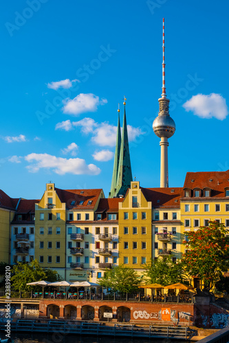 Berlin, Germany - Panoramic view of the Historic Mitte quarter by the Spree river with Television Tower - Fernsehturm - in background