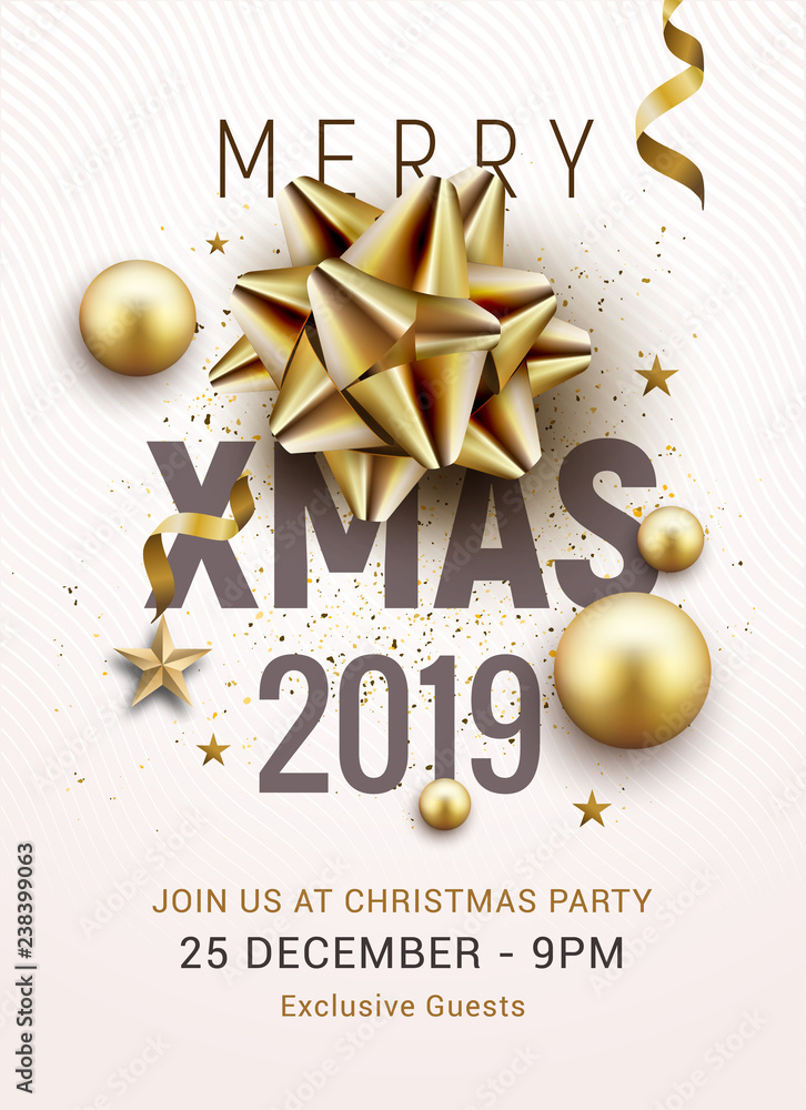 Christmas party poster template 2019. Christmas gold silver balls and golden bow flyer greeting decoration invitation banner