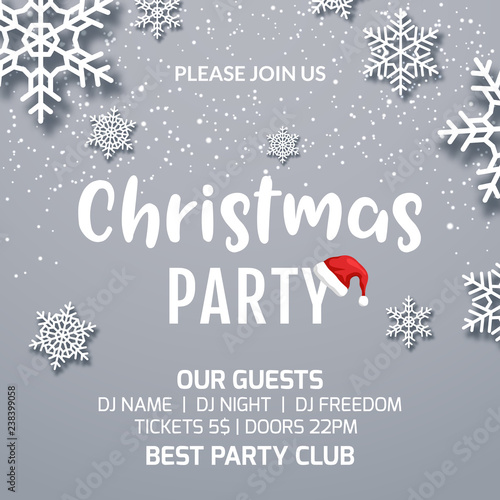 Christmas party poster invitation decoration design. Xmas holiday template background with snowflakes