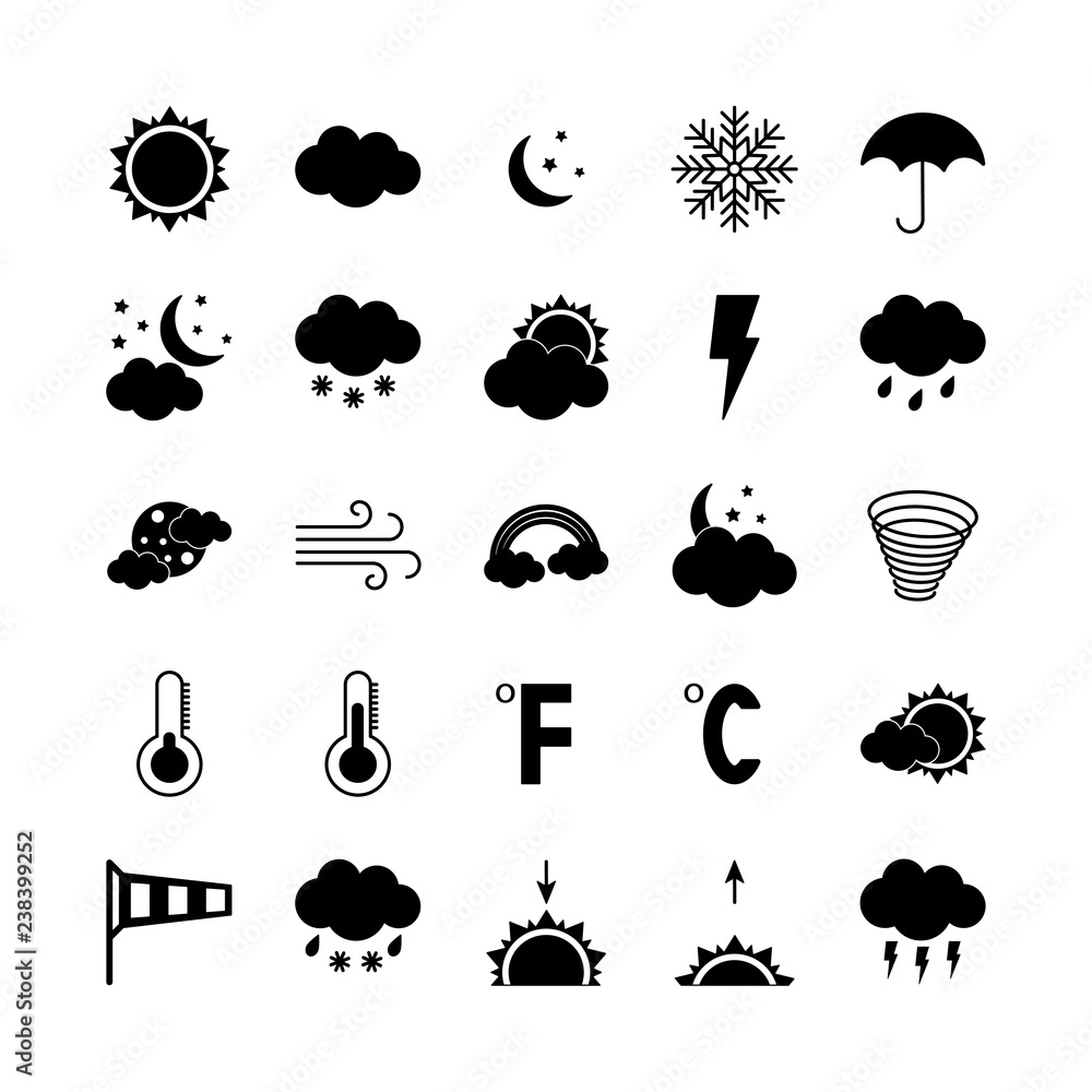 Obraz premium Silhouette weather icons set. Flat vector illustration.