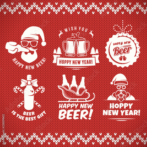 New year craft beer badges and stickes. Vector christmas beer logos with Santa, bottles, mugs, sleigh and holiday decoration for bar or pub. Vintage knitted sweater background.