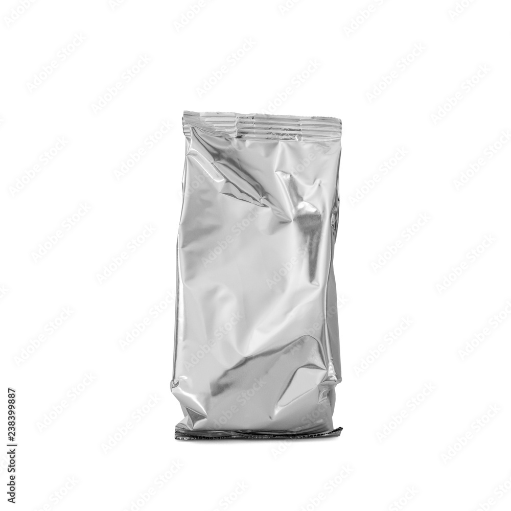 blank foil Aluminium bag for baby milk powder, tea or coffee isolated