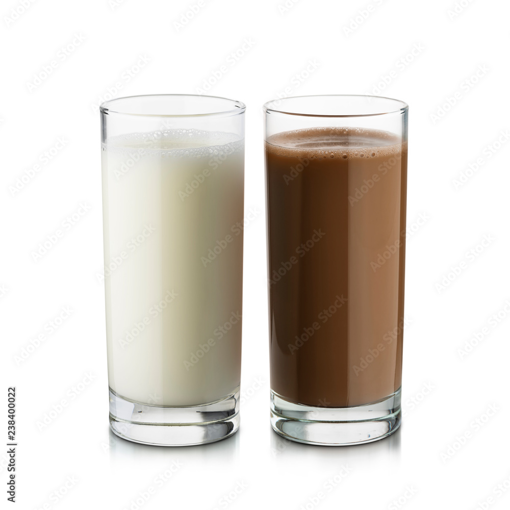 glasses full of milk and chocolate on white background. glasses full of milk and chocolate on white background.