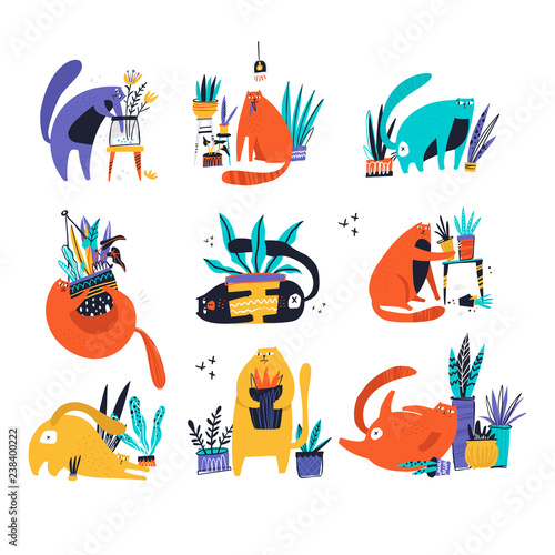 Guilty cat flat hand drawn vector color characters set