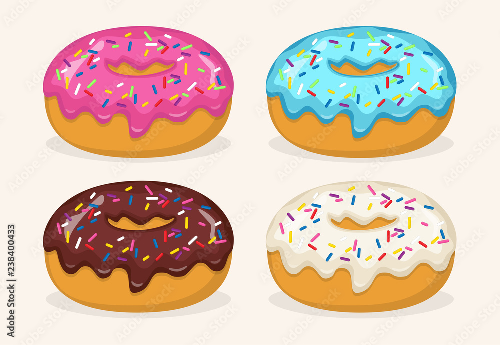 Donuts with different color frosting, set. Side view donuts in glaze, with sprinkles, for cafe menu design, cafe decoration, discount voucher, flyer, advertising poster. Vector illustration. Donuts with different color frosting, set. Side view donuts in glaze, with sprinkles, for cafe menu design, cafe decoration, discount voucher, flyer, advertising poster. Vector illustration.
