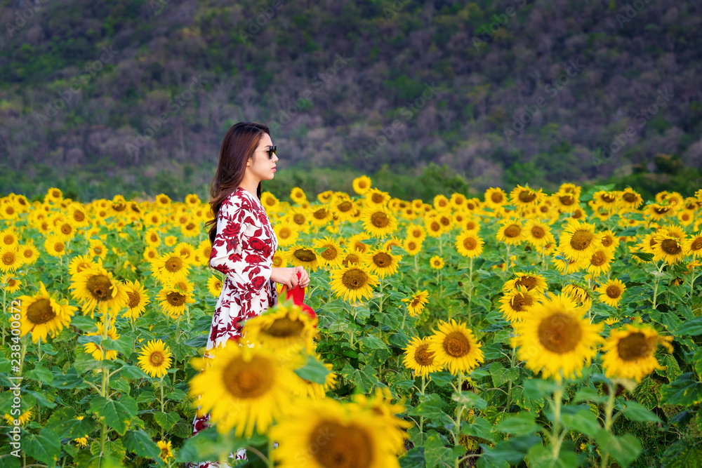 Young woman standing in a field of sunflowers. Young woman standing in a field of sunflowers.