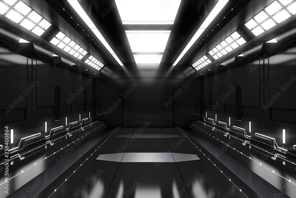 Futuristic tunnel with light. Black Spaceship corridor interior view.Future background, business, sci-fi or science concept. 3D Rendering. Futuristic tunnel with light. Black Spaceship corridor interior view.Future background, business, sci-fi or science concept. 3D Rendering.