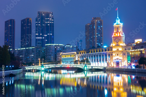 Canvas Print Shanghai, China beautiful city landmark skyline at night business and travel place district river view