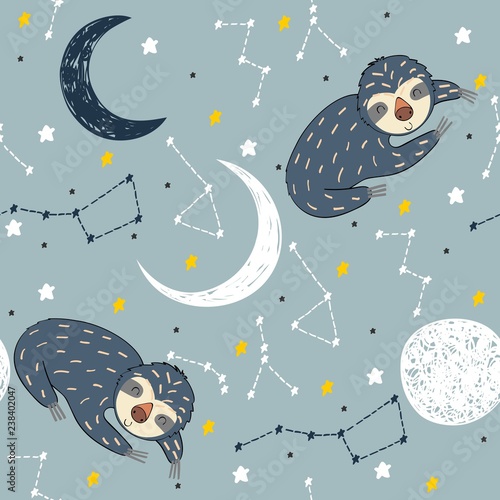 Vector illustration with sloth and moon. Sweet dreams.