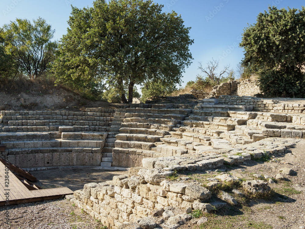 The Odeon and Bouleuterion or the ancient concert theatre and the Assembly House in ancient Troy city, Canakkale Province, Turkey.