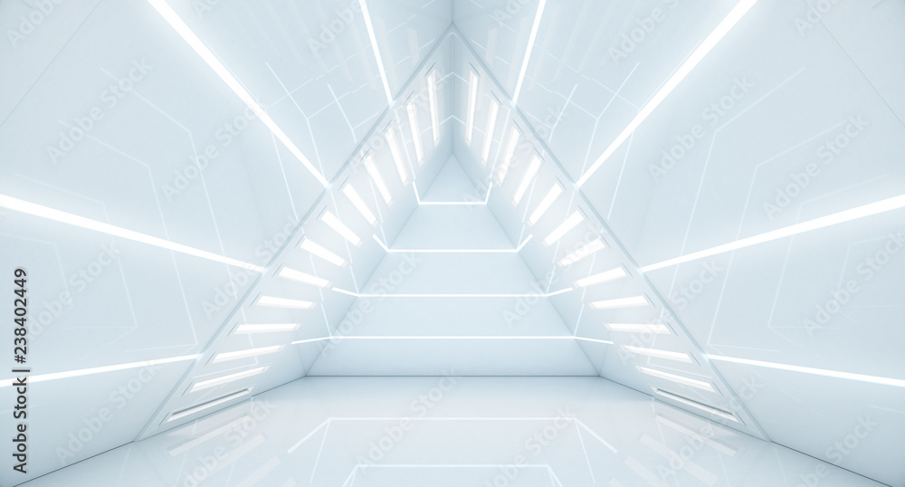 Fototapeta premium Streszczenie Trójkąt Korytarz statku kosmicznego. Futurystyczny tunel ze światłem. Przyszłe tło wnętrza, biznes, koncepcja nauki sci-fi. Renderowanie 3d