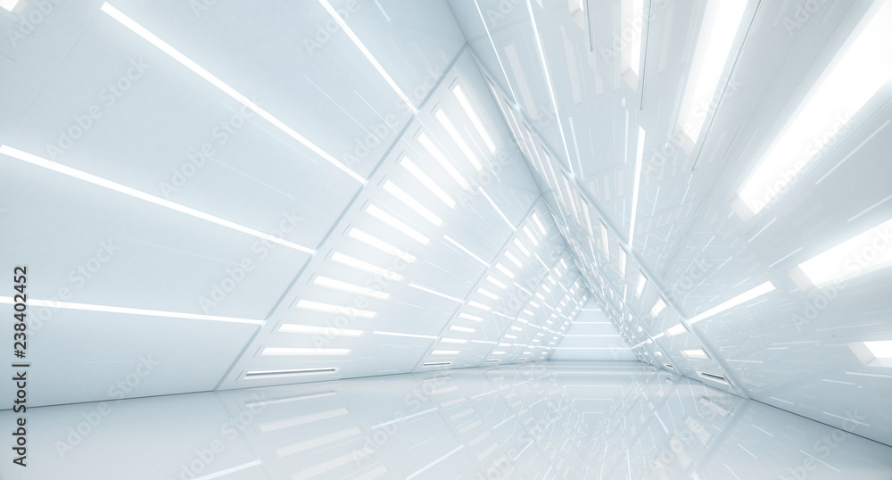 Obraz premium Streszczenie Trójkąt Korytarz statku kosmicznego. Futurystyczny tunel ze światłem. Przyszłe tło wnętrza, biznes, koncepcja nauki sci-fi. Renderowanie 3d