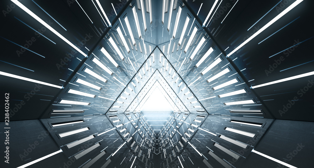 Fototapeta premium Abstract Triangle Spaceship corridor. Futuristic tunnel with light. Future interior background, business, sci-fi science concept. 3d rendering