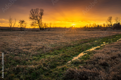 Sunset over the Jeziorka river near Piaseczno, Masovia, Poland