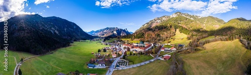 Bild auf Leinwand Aerial view, Benedictine abbey Ettal monastery, Ettal, Oberammergau, Bavaria, Ge