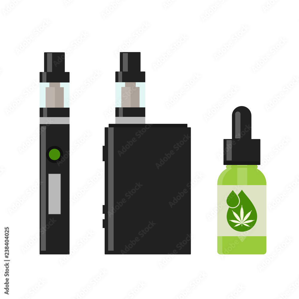 Marijuana Cannabis liquid for Vaping. Vape Cannabis Oil. Cannabis vaporizer. E-cigarette for vaping. Isolated vector illustration on white background. Marijuana Cannabis liquid for Vaping. Vape Cannabis Oil. Cannabis vaporizer. E-cigarette for vaping. Isolated vector illustration on white background.