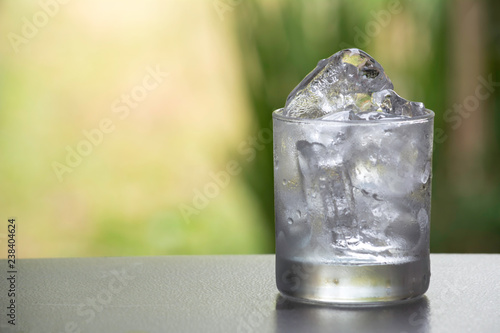 Ice cube in the glass on table with nature background
