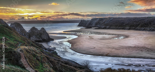 Panoramic sunset at Three Cliffs Bay, Gower, Swansea, UK