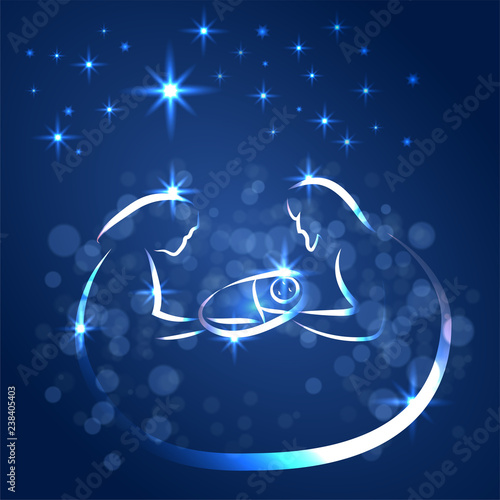 Christmas nativity scene of Joseph and Mary holding baby Jesus, hand drawn sketch. EPS10