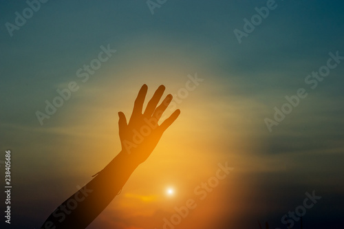 Hand and shadow in the corner. sunset And there is show of love.  silhouette concept With copy space